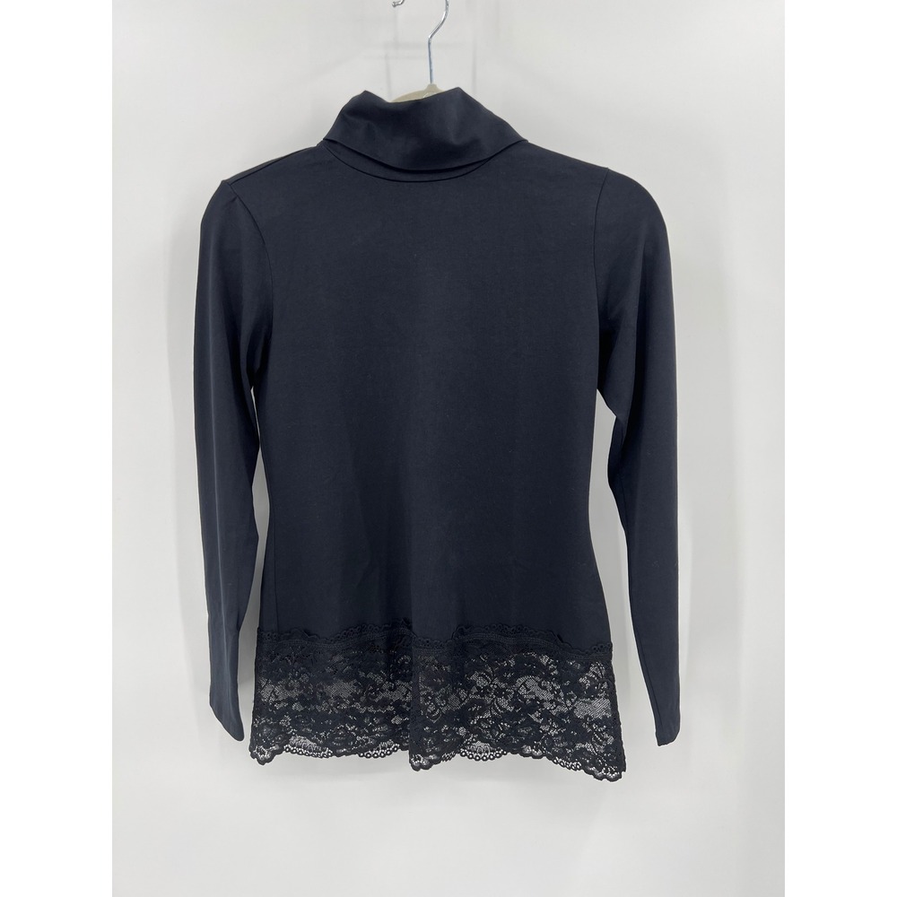 Sundance Black Lace Trim Turtleneck Long Sleeve Top Small Cotton Blend‎